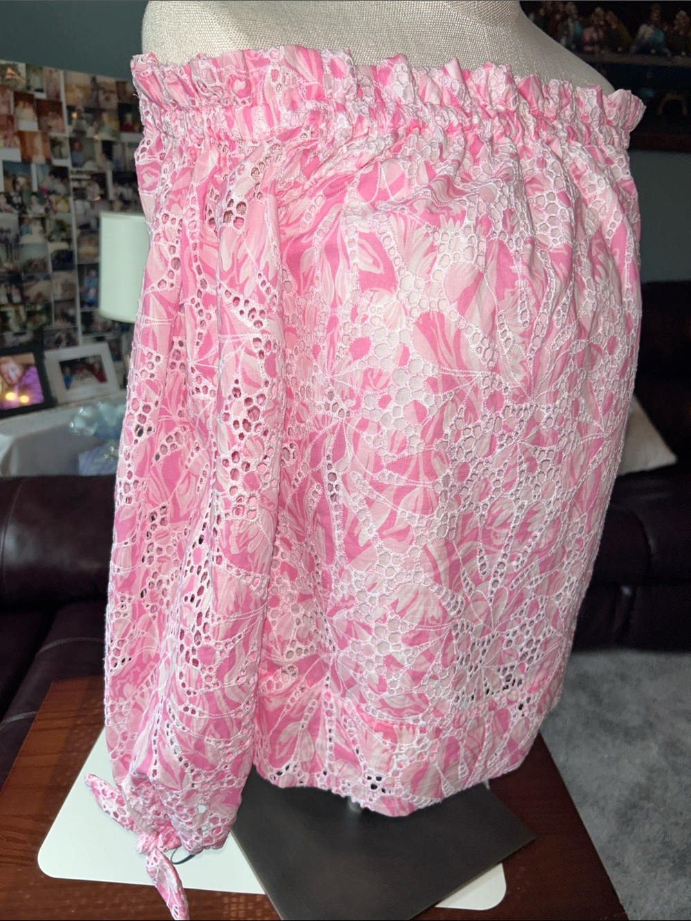 Lilly Pulitzer -Size Small Winifred Pink/white Off-the-Shoulder Lace Blouse - Picture 6 of 7